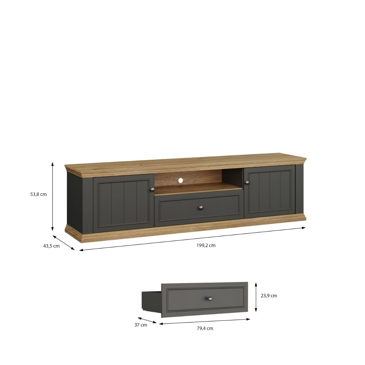 Pontypool Wide TV Cabinet With 2 Doors, Drawer & Open Shelf In Grey And Mauvella Oak