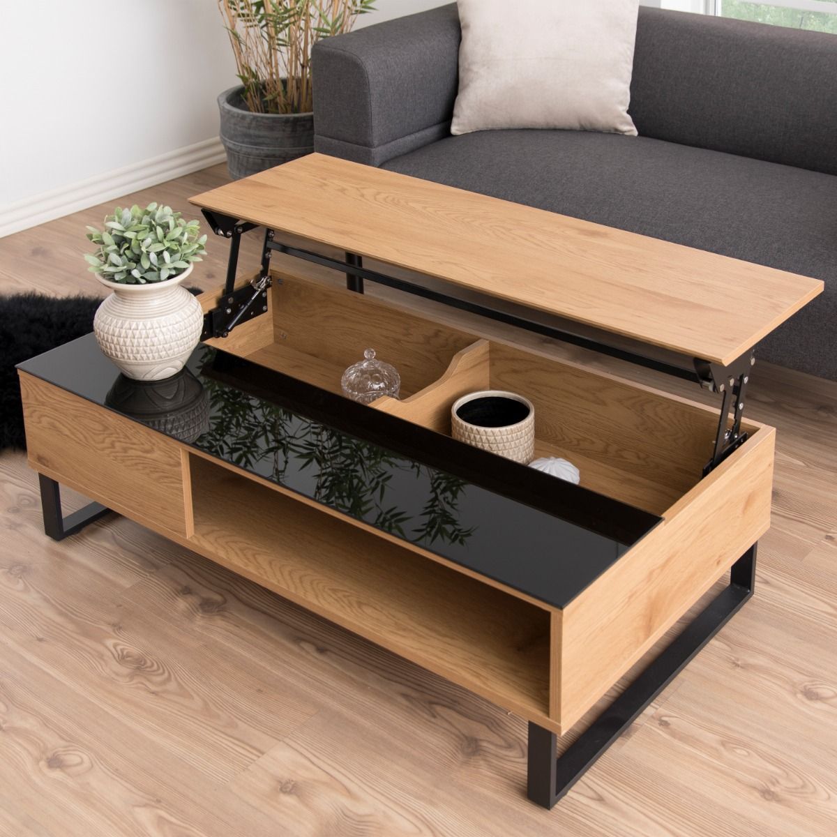 Azalea Lift Up Storage Coffee Table In Black & Oak - Price Crash Furniture