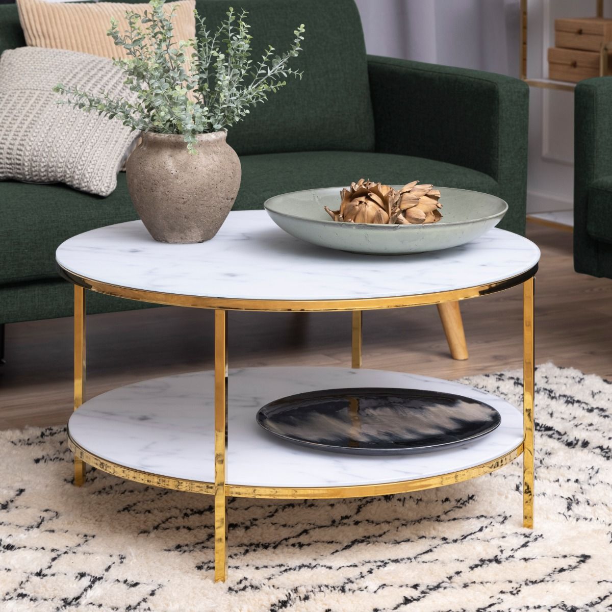 Alisma Round Coffee Table With Marble Effect Top & Gold Legs - Price Crash Furniture