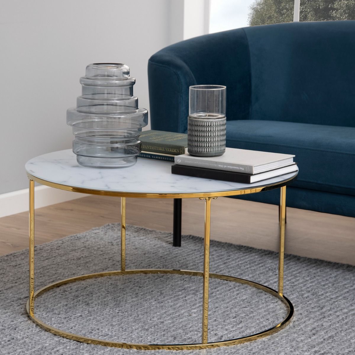 Bolton A1 Round Coffee Table White Marble Effect Glass & Gold Base - Price Crash Furniture