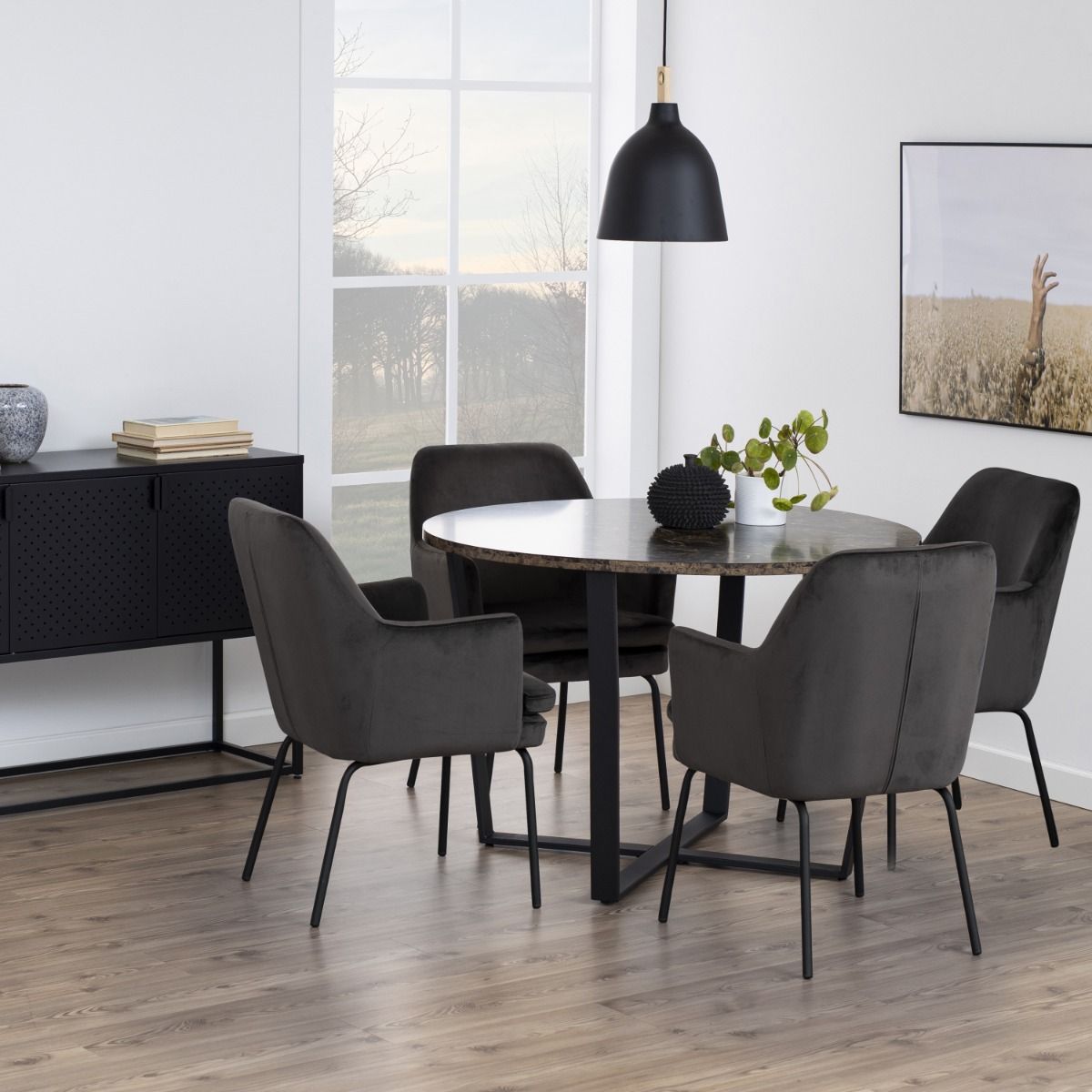 Amble Round Dining Table With Brown Marble Effect Top - Price Crash Furniture