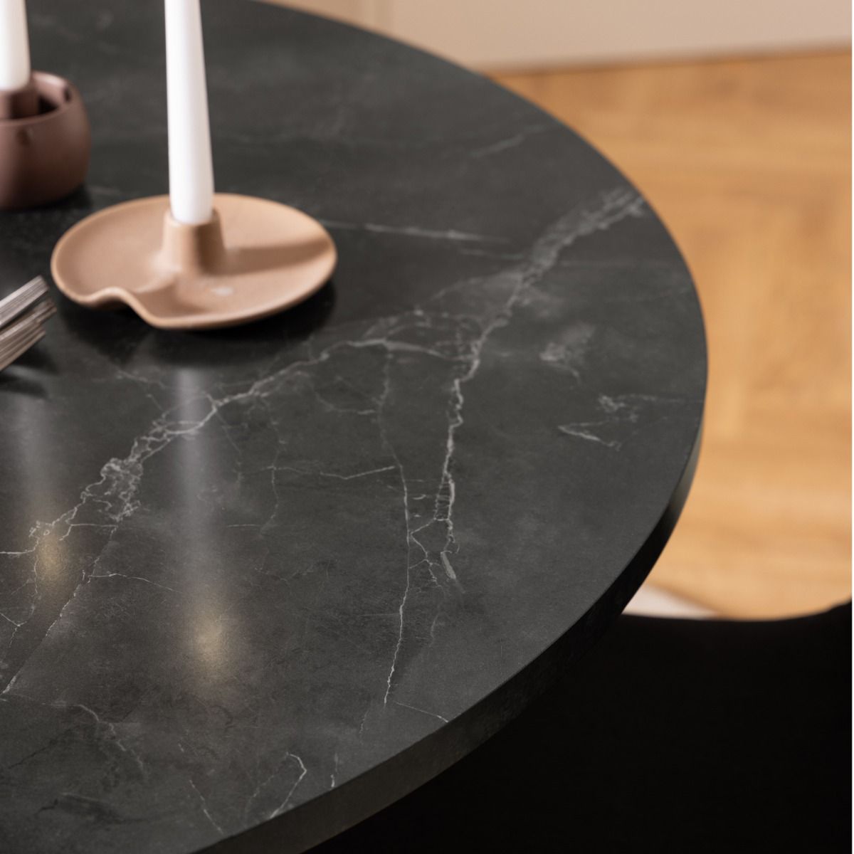 Amble Round Dining Table With Black Marble Effect Top - Price Crash Furniture