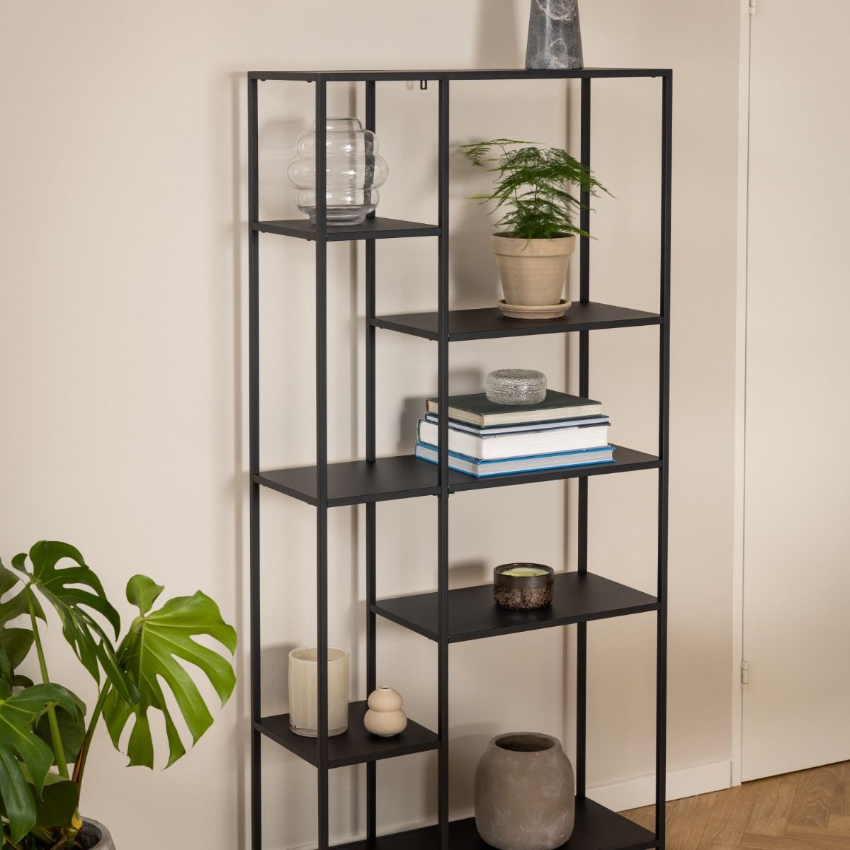 Newcastle Asymmetrical Bookcase With 6 Shelves In Matt Black - Price Crash Furniture