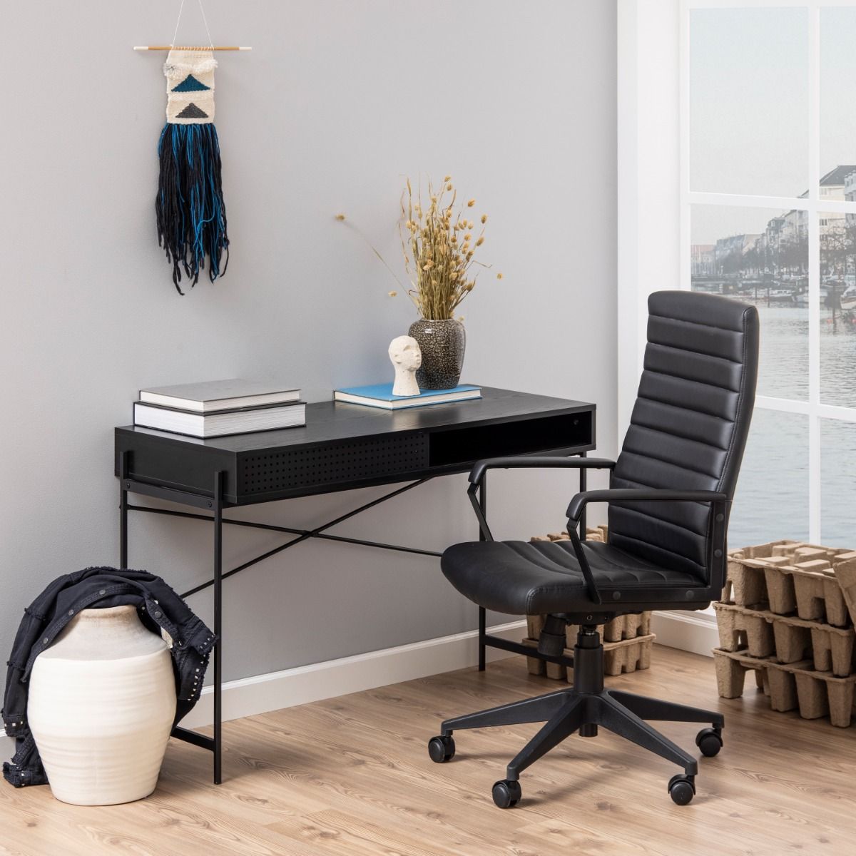 Angus Office Desk With Sliding Door In Black Ash - Price Crash Furniture