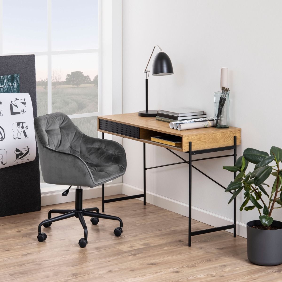 Angus Office Desk With Sliding Door In Wild Oak & Black - Price Crash Furniture