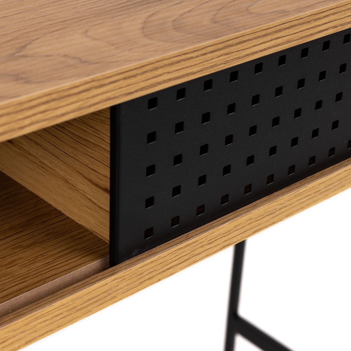 Angus Office Desk With Sliding Door In Wild Oak & Black - Price Crash Furniture