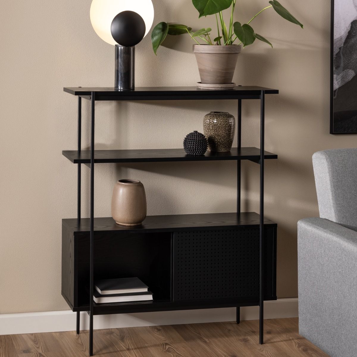 Angus Small Bookcase With 2 Sliding Doors In Black Ash - Price Crash Furniture