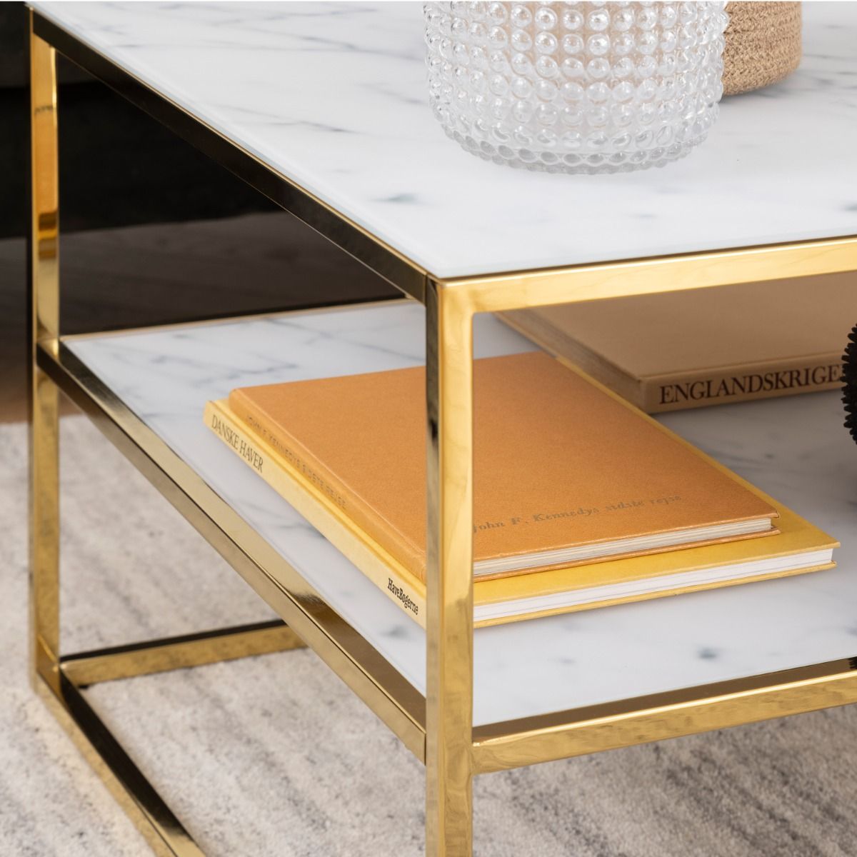 Alisma Open Shelf Coffee Table With White Marble Effect & Gold Legs - Price Crash Furniture