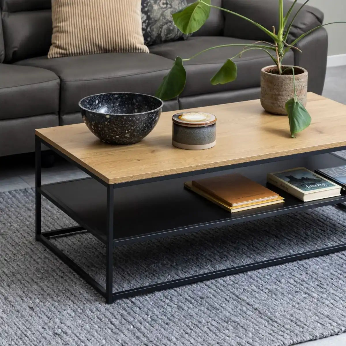 Gila Industrial Style Coffee Table With Open Shelf In Oak & Black - Price Crash Furniture