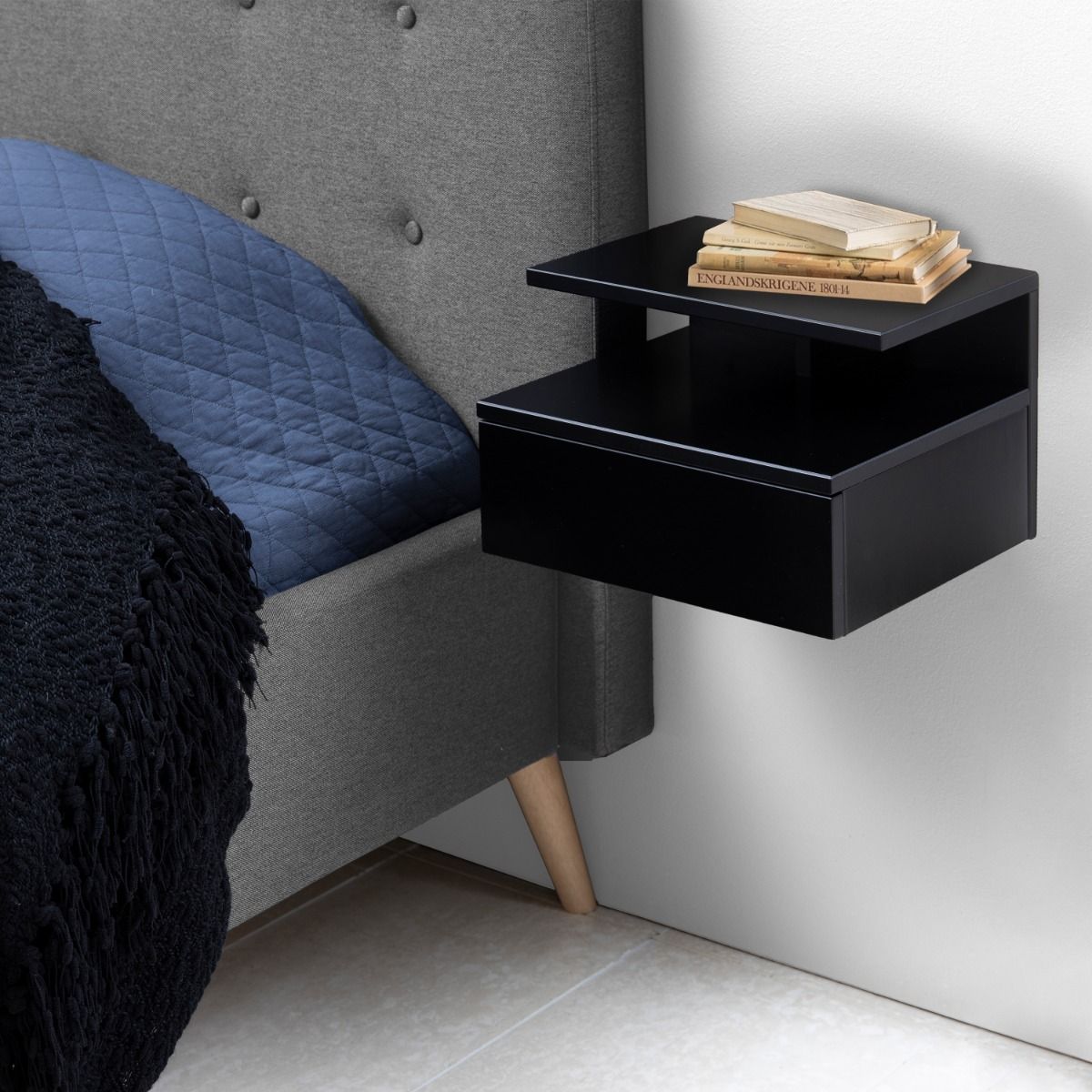 Ashlan Wall Mounted Floating Bedside Table With 1 Drawer In Black - Price Crash Furniture