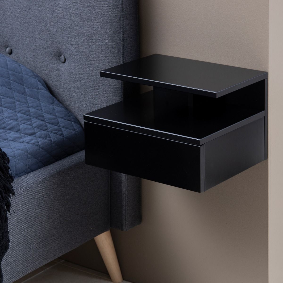 Ashlan Wall Mounted Floating Bedside Table With 1 Drawer In Black - Price Crash Furniture