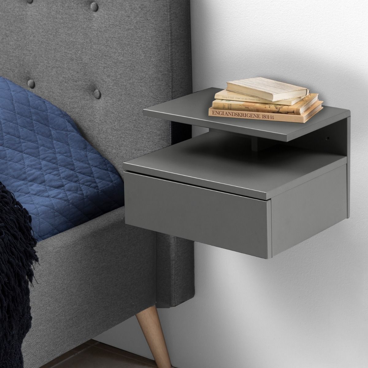 Ashlan Wall Mounted Floating Bedside Table With 1 Drawer In Grey - Price Crash Furniture