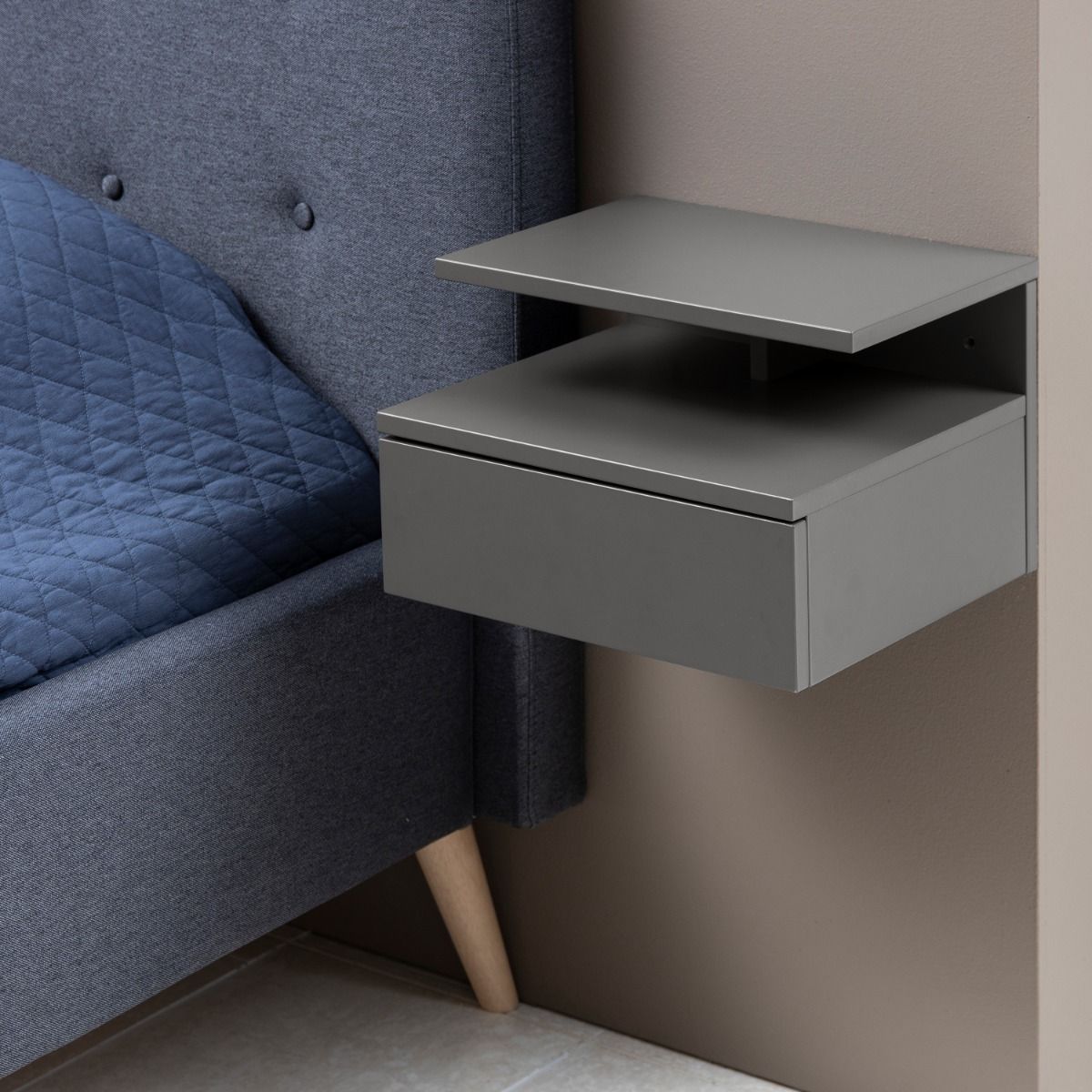 Ashlan Wall Mounted Floating Bedside Table With 1 Drawer In Grey - Price Crash Furniture