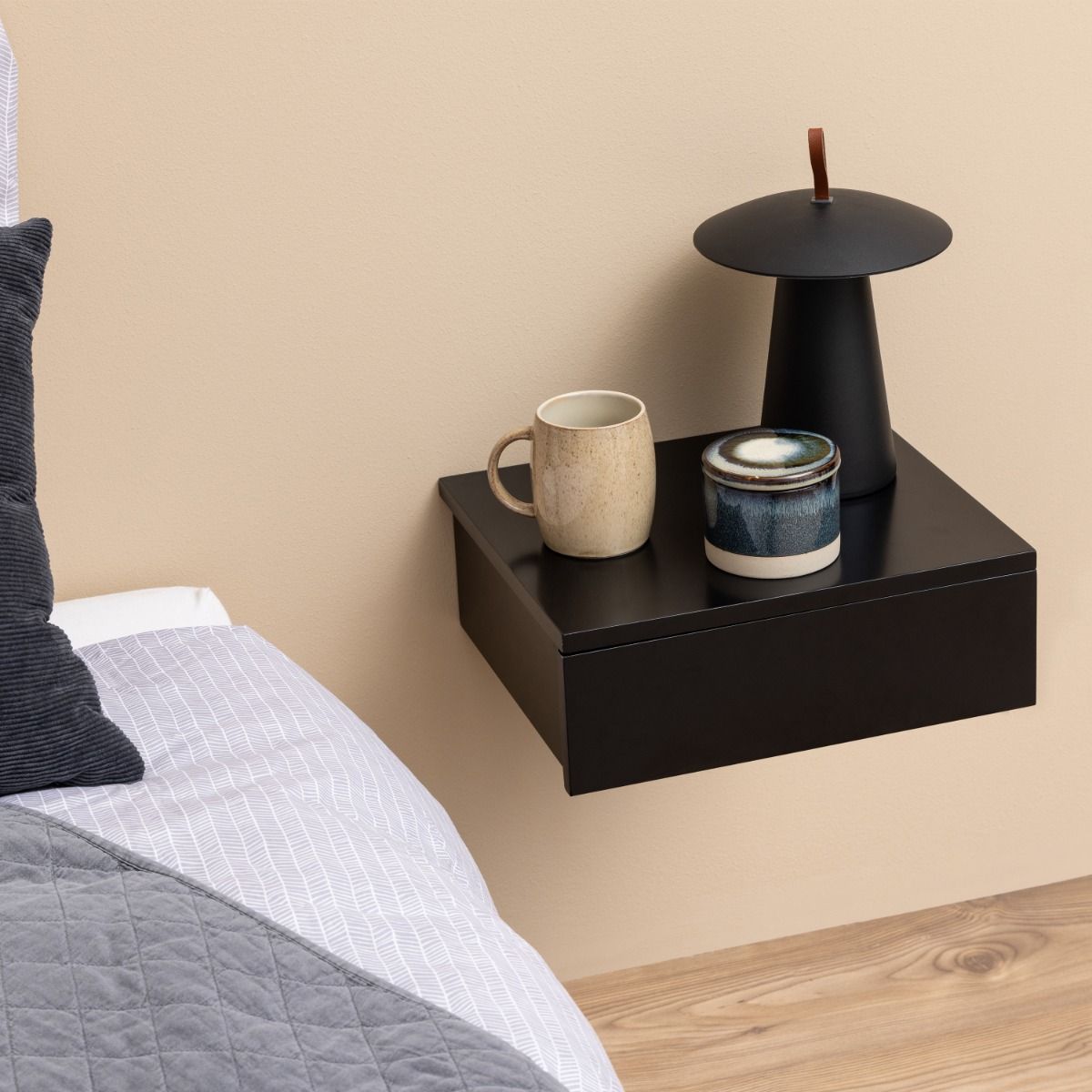 Avignon Floating Wall Mounted Square Bedside Table With 1 Drawer In Black - Price Crash Furniture