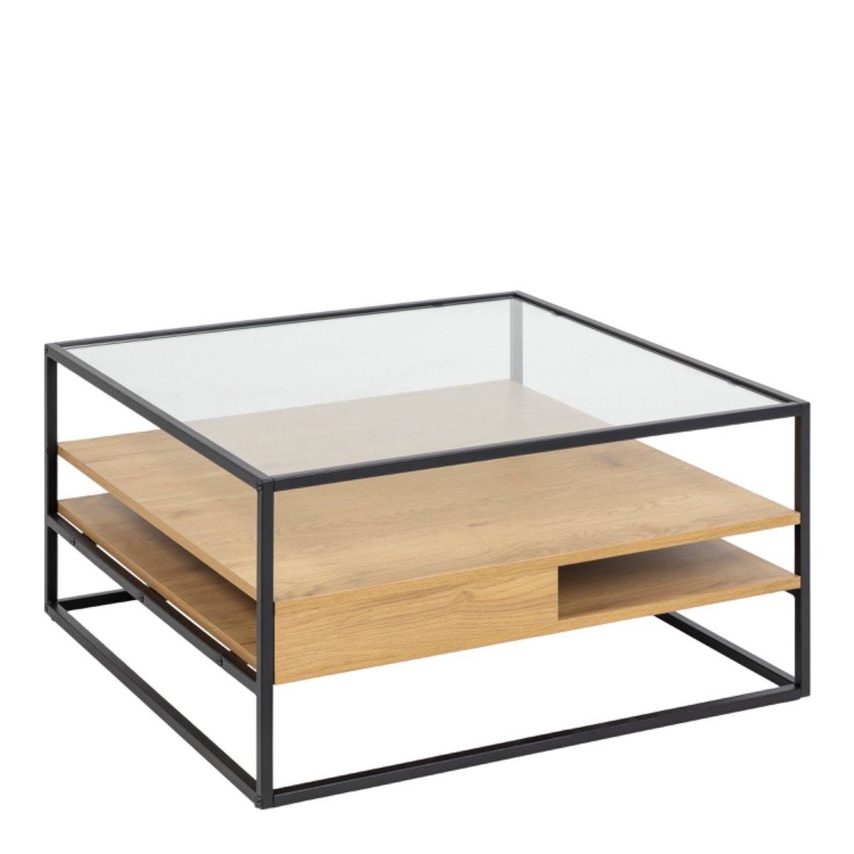 Randolf Square Coffee Table With 2 Shelves In Black And Oak - Price Crash Furniture