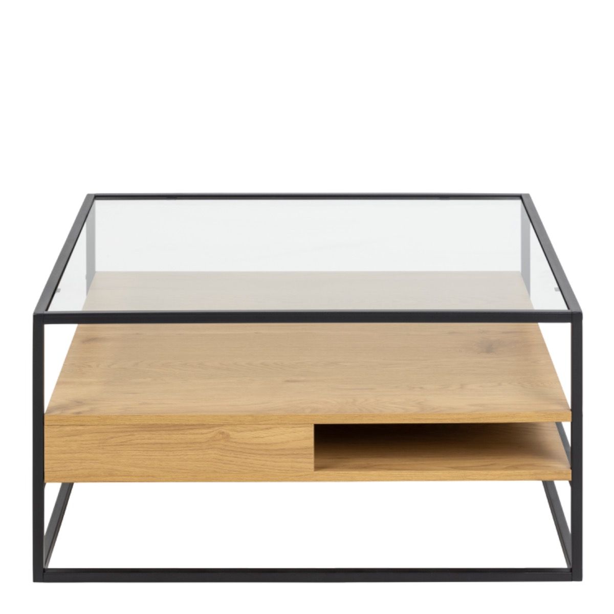 Randolf Square Coffee Table With 2 Shelves In Black And Oak - Price Crash Furniture