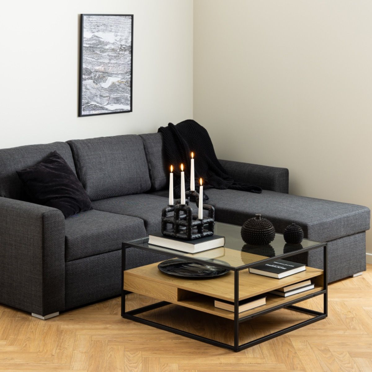 Randolf Square Coffee Table With 2 Shelves In Black And Oak - Price Crash Furniture