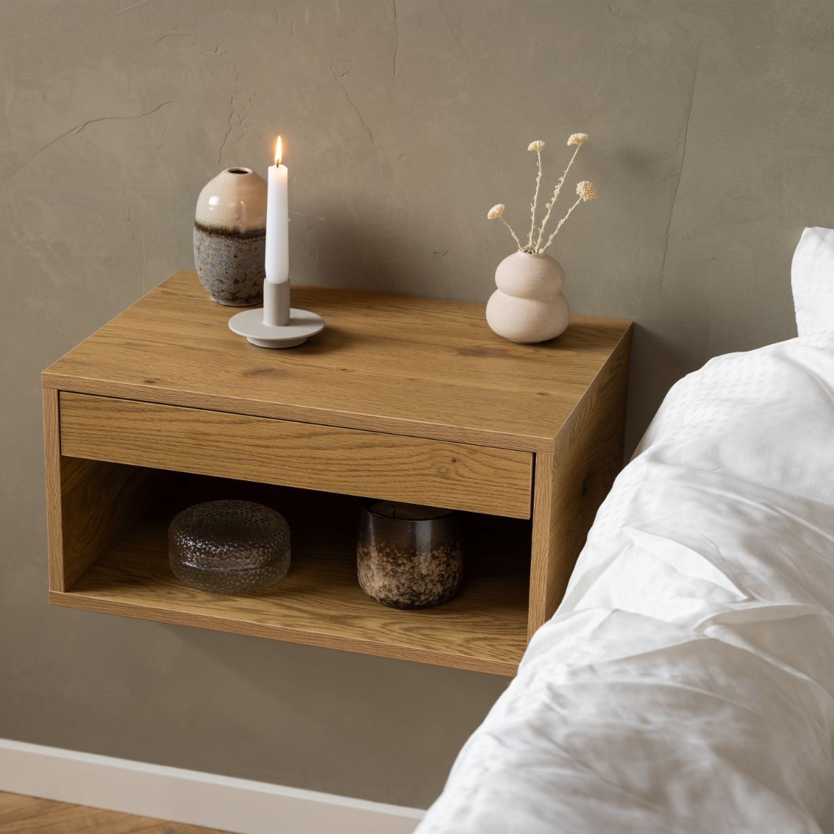 Cholet Square Bedside Table With 1 Drawer In Oak - Price Crash Furniture