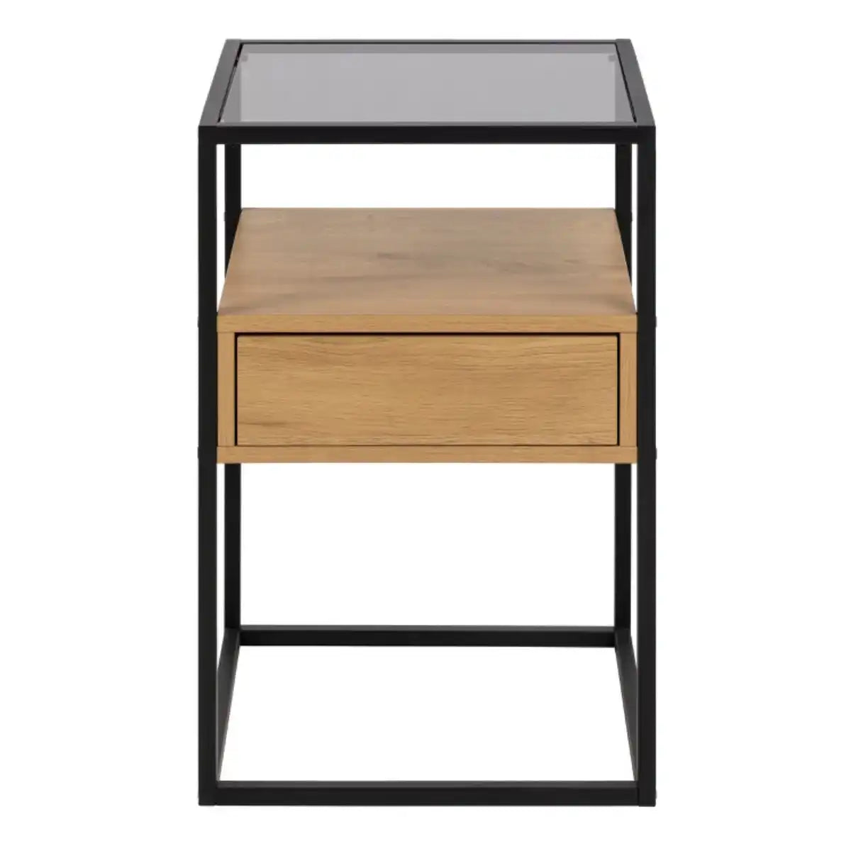 Randolf Square Bedside Table With 1 Drawer In Black And Oak - Price Crash Furniture