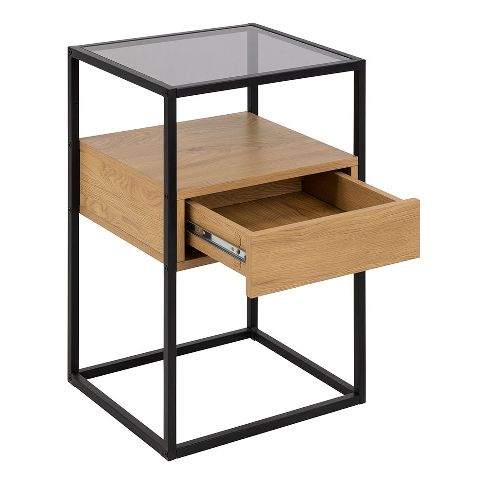 Randolf Square Bedside Table With 1 Drawer In Black And Oak - Price Crash Furniture