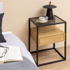 Randolf Square Bedside Table With 1 Drawer In Black And Oak - Price Crash Furniture