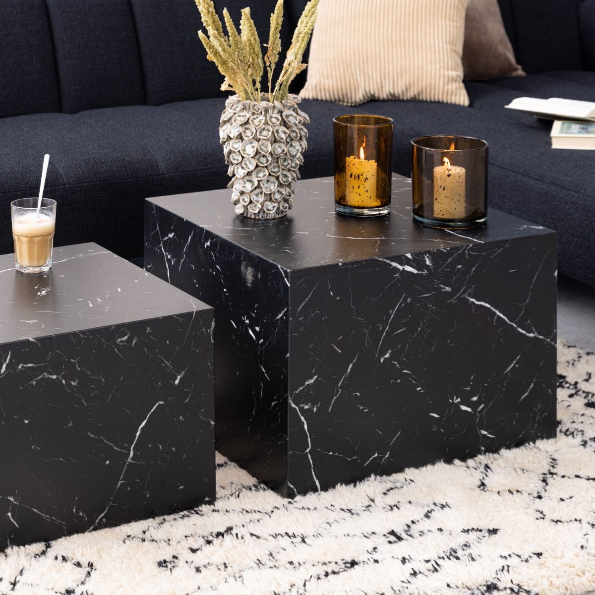 Dice Square Coffee Table Set In Black Marble Effect - Price Crash Furniture