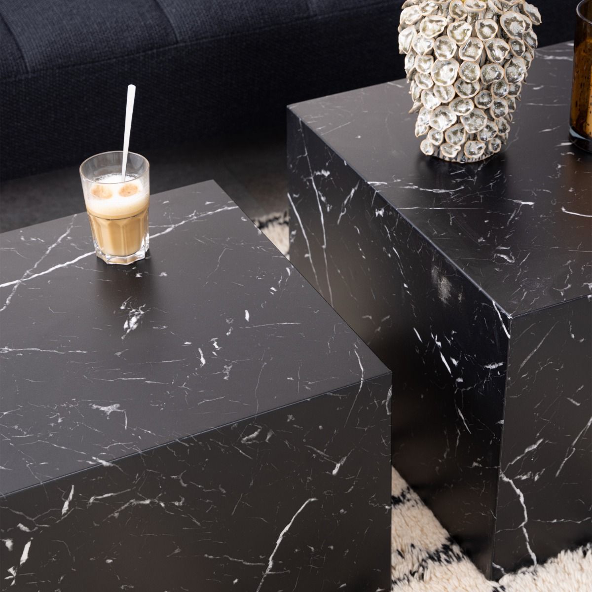 Dice Square Coffee Table Set In Black Marble Effect - Price Crash Furniture