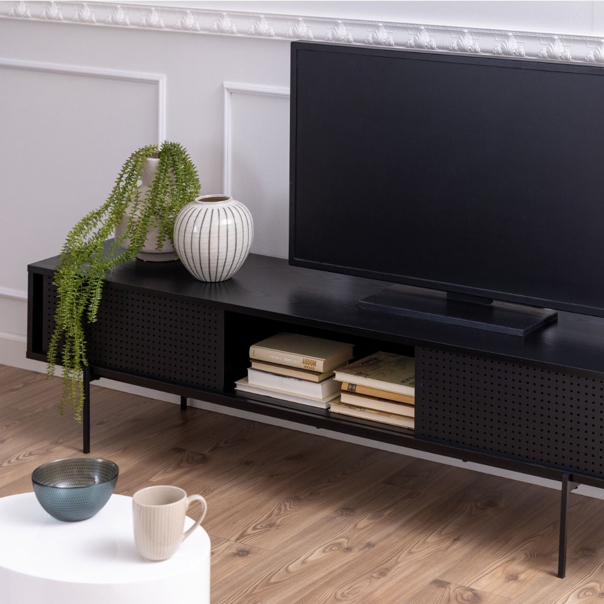 Angus 180cm Wide TV Cabinet Unit In Black Ash Melamine - Price Crash Furniture