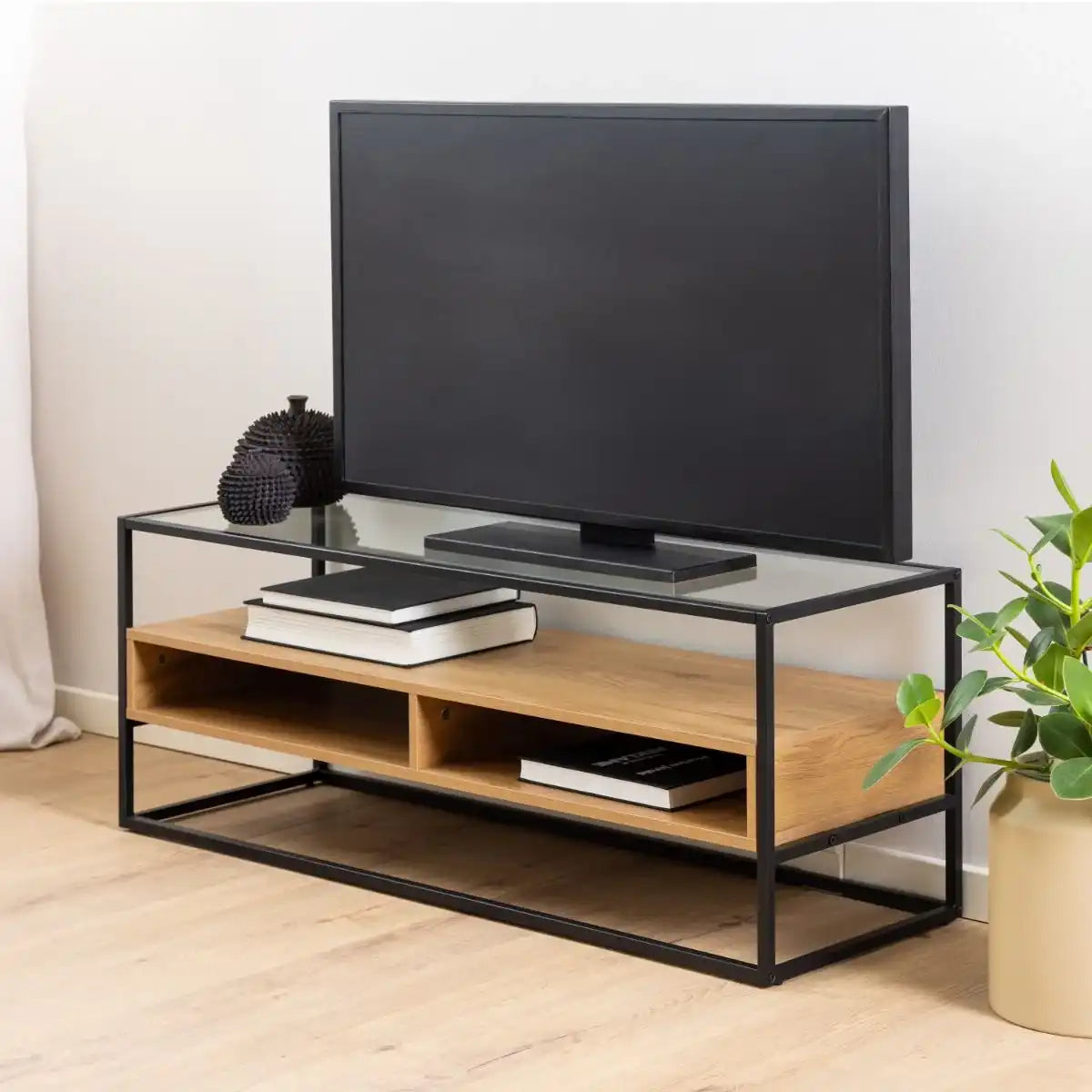 Randolf TV Stand Unit in Black And Oak - Price Crash Furniture