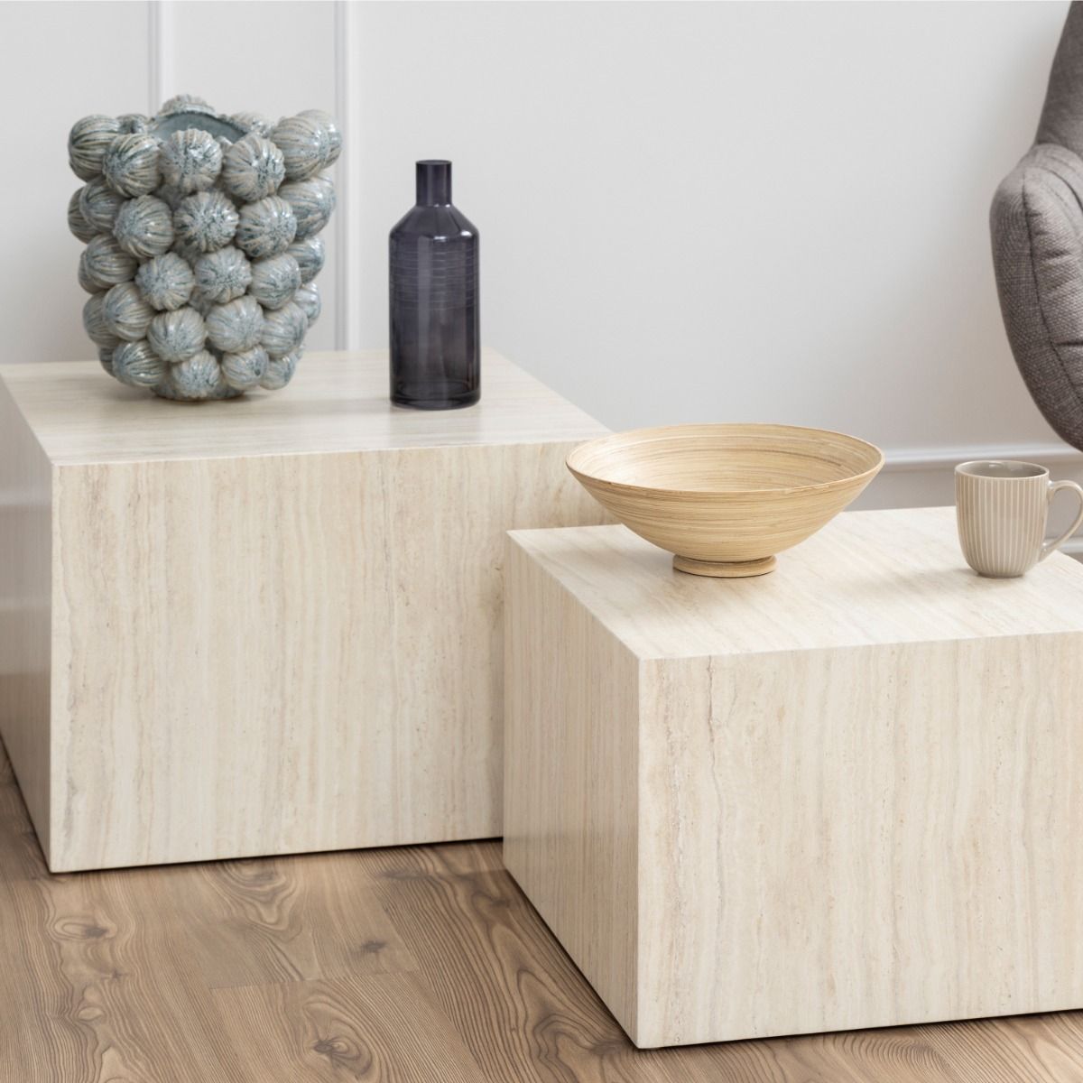 Dice Square Coffee Table Set In Light Travertine Effect - Price Crash Furniture