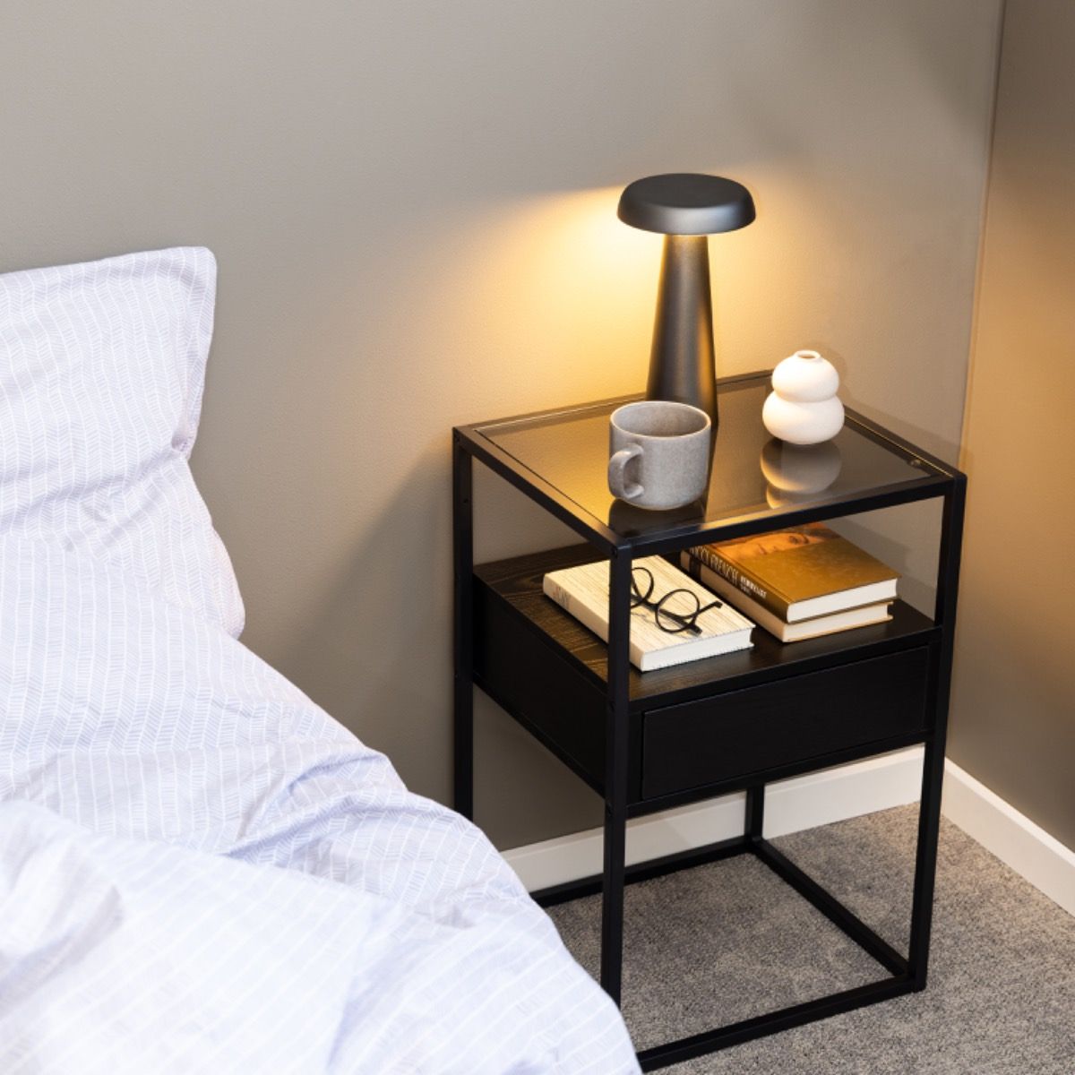 Randolf Bedside Table In Black With Smoked Glass - Price Crash Furniture