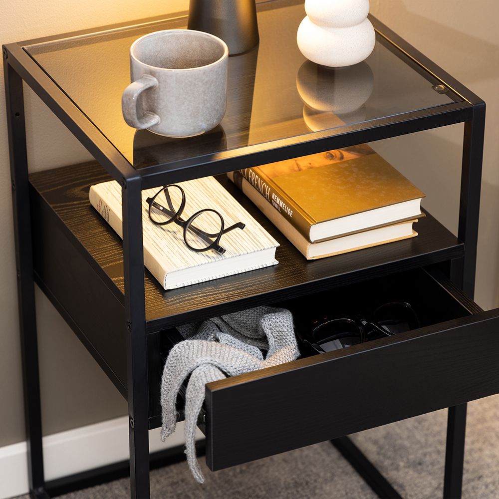 Randolf Bedside Table In Black With Smoked Glass - Price Crash Furniture