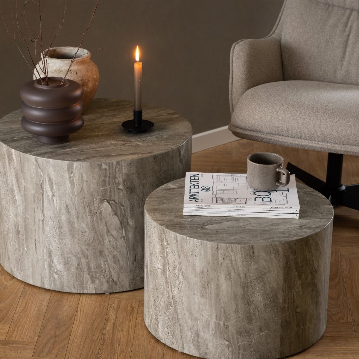 Dice Round Coffee Table Set In Grey Marble Effect - Price Crash Furniture