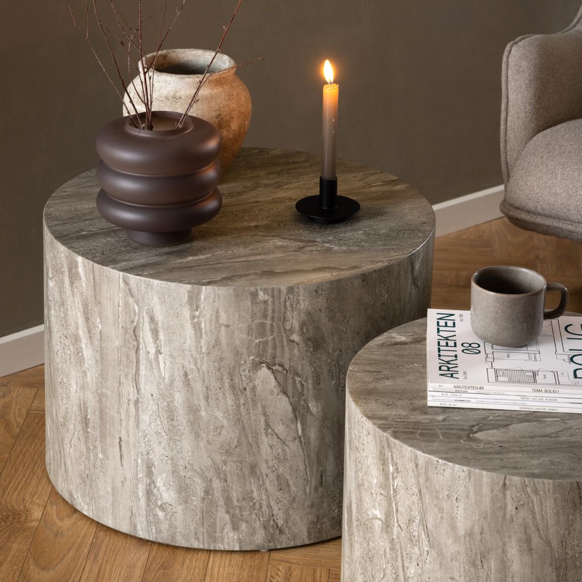 Dice Round Coffee Table Set In Grey Marble Effect - Price Crash Furniture