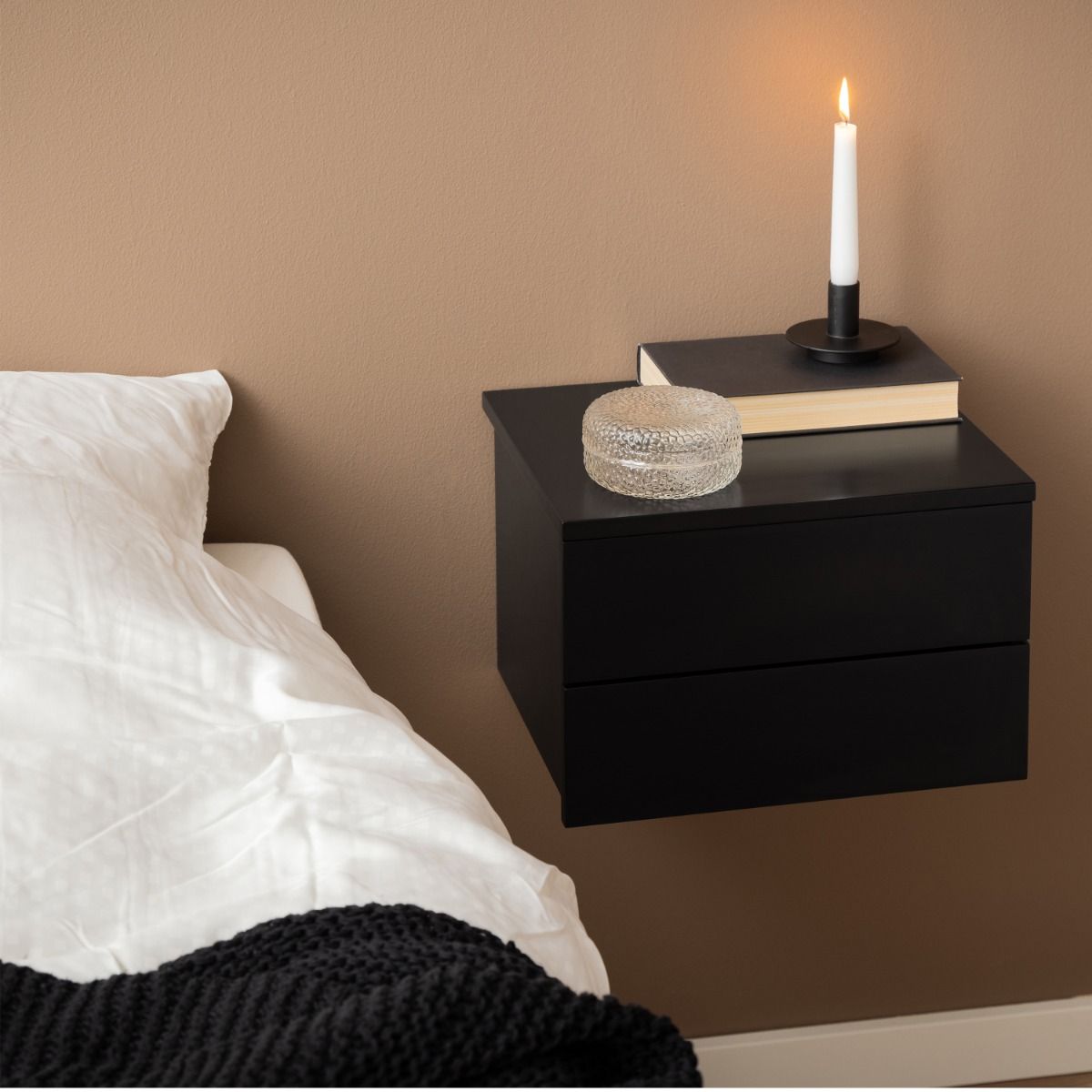 Avignon Floating Wall Mounted Bedside Table 2 Drawers In Black - Price Crash Furniture