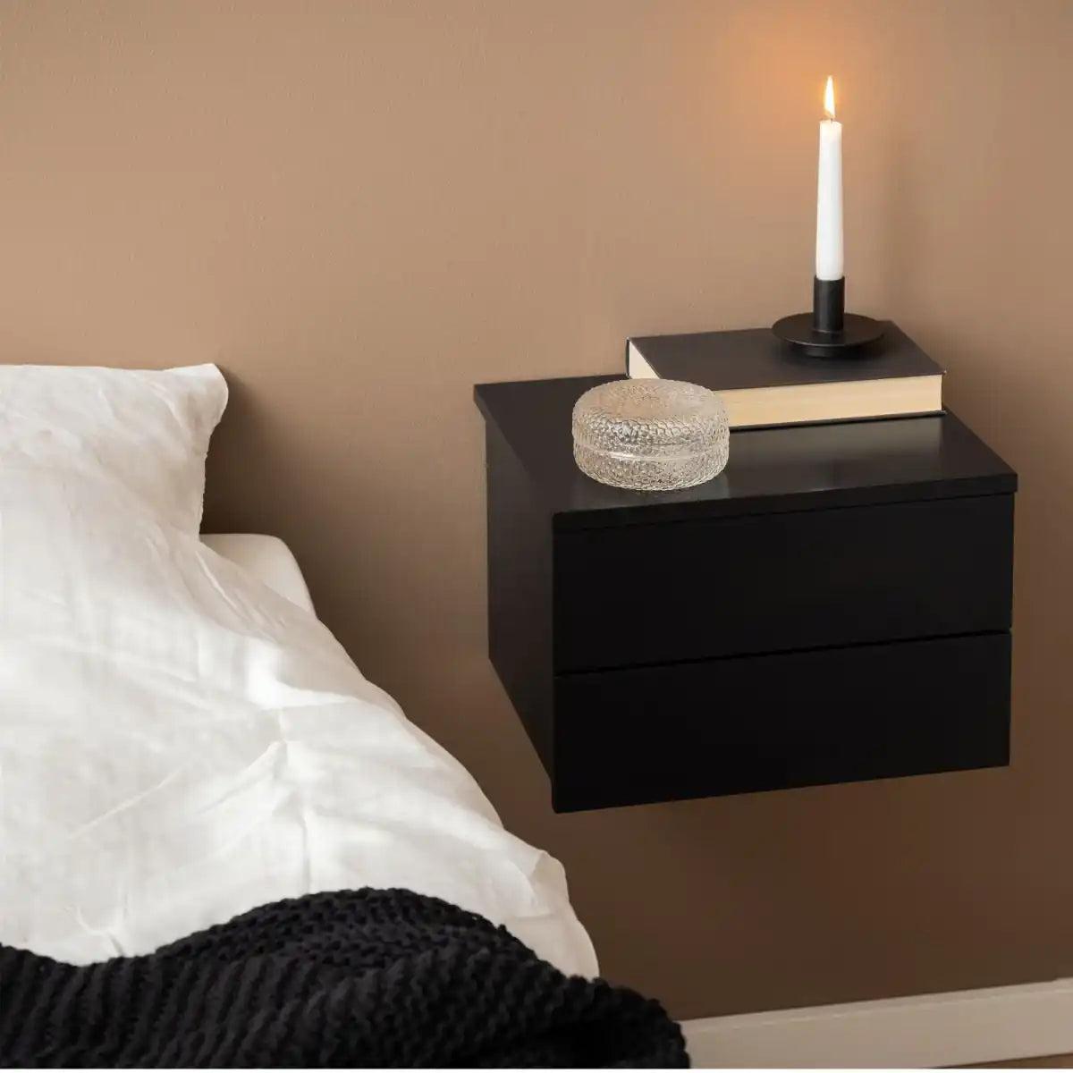 Avignon Floating Wall Mounted Bedside Table 2 Drawers In Black - Price Crash Furniture