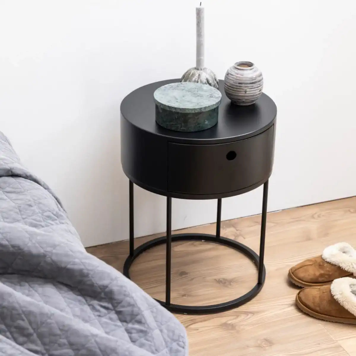 Polo Retro Round Bedside Table Cabinet In Black - Price Crash Furniture
