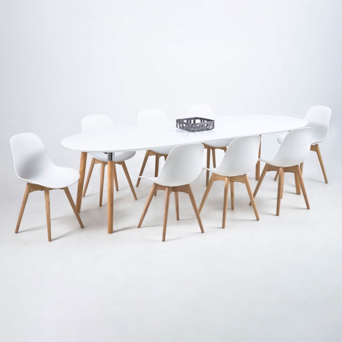 Belina 270cm Oval Dining Table In White & Oak Seats 8 - Price Crash Furniture