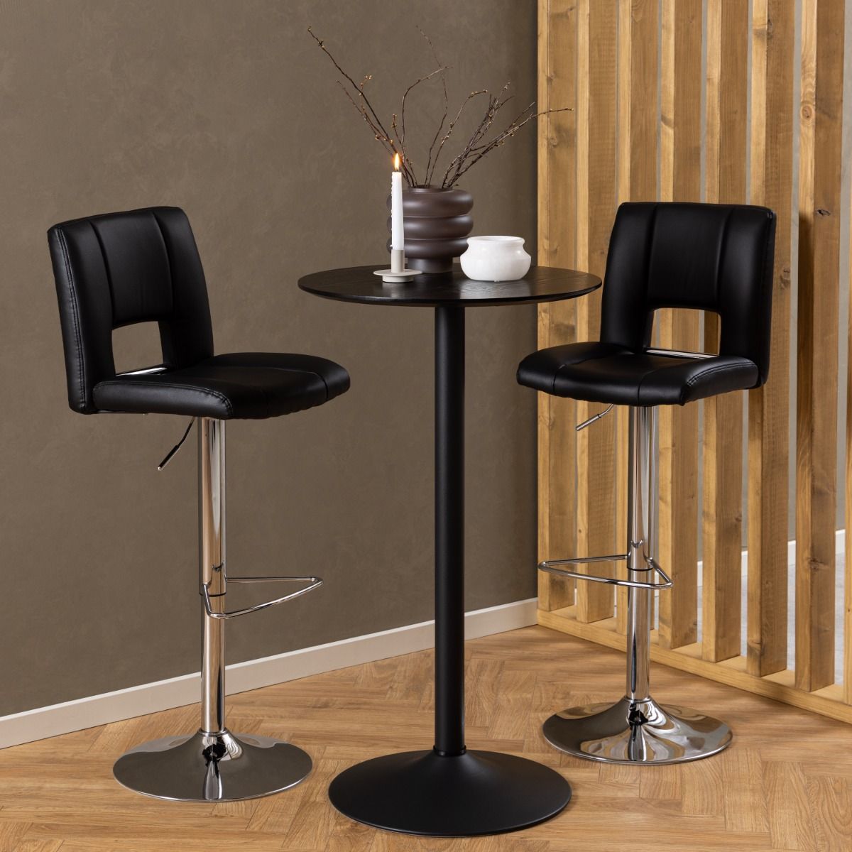 Ibiza Tall Round Bar Table - Black Ash Top & Black Base - Price Crash Furniture