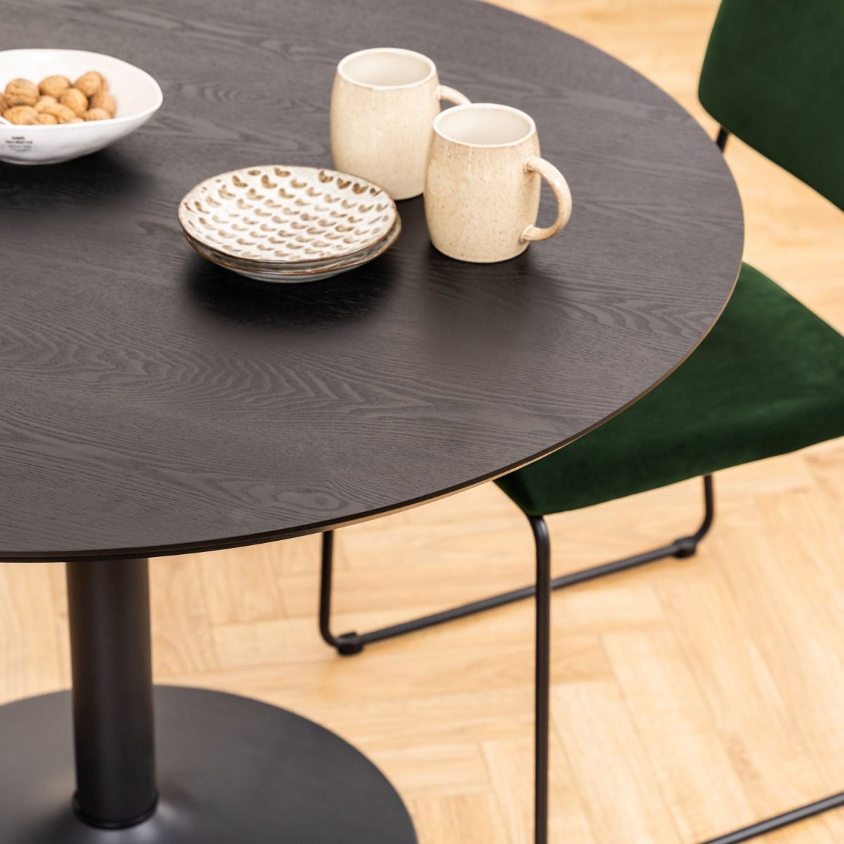 Ibiza Round Dining Table With Black Ash Top & Matt Black Base - Price Crash Furniture