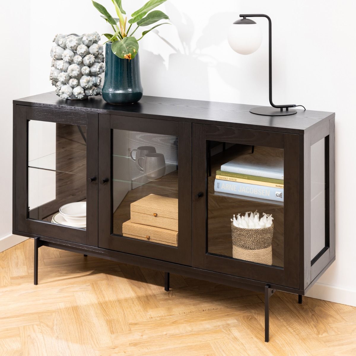 Angus 3 Door Glazed Sideboard Buffet Unit In Black - Price Crash Furniture