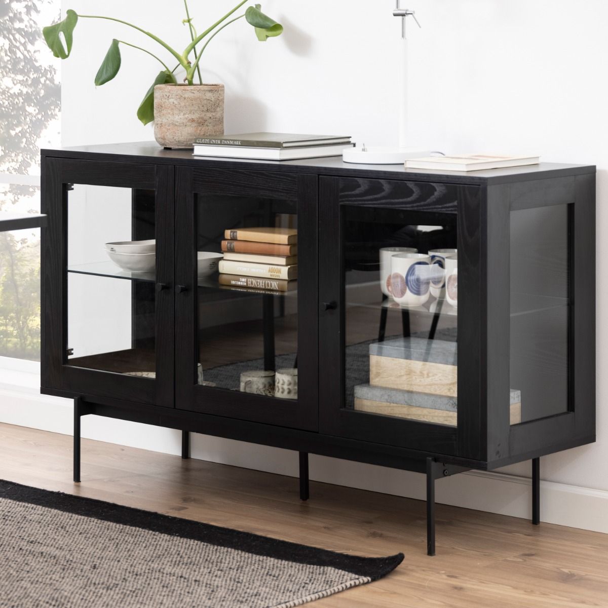 Angus 3 Door Glazed Sideboard Buffet Unit In Black - Price Crash Furniture