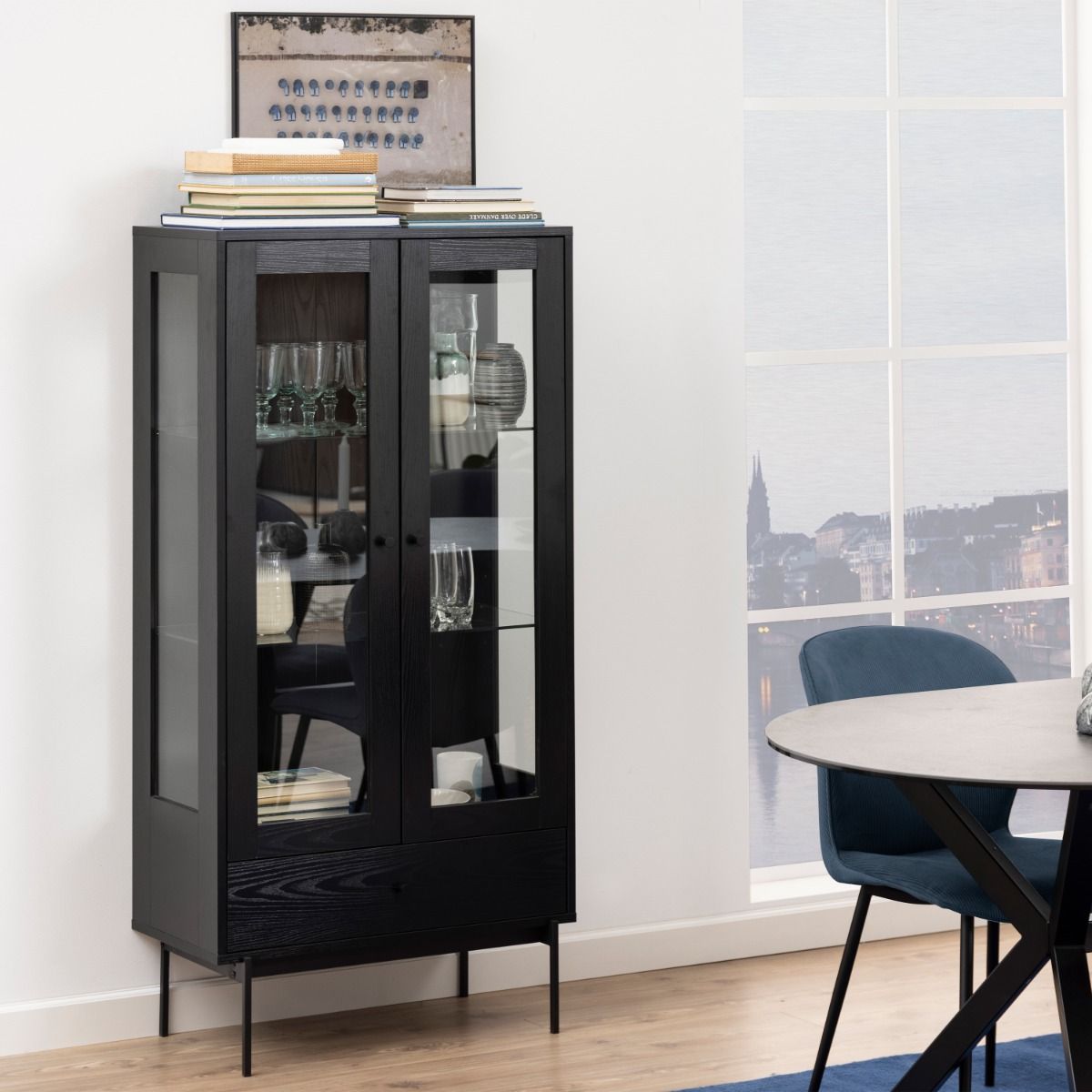 Angus 2 Door 1 Drawer Glazed Display Cabinet In Black Ash - Price Crash Furniture