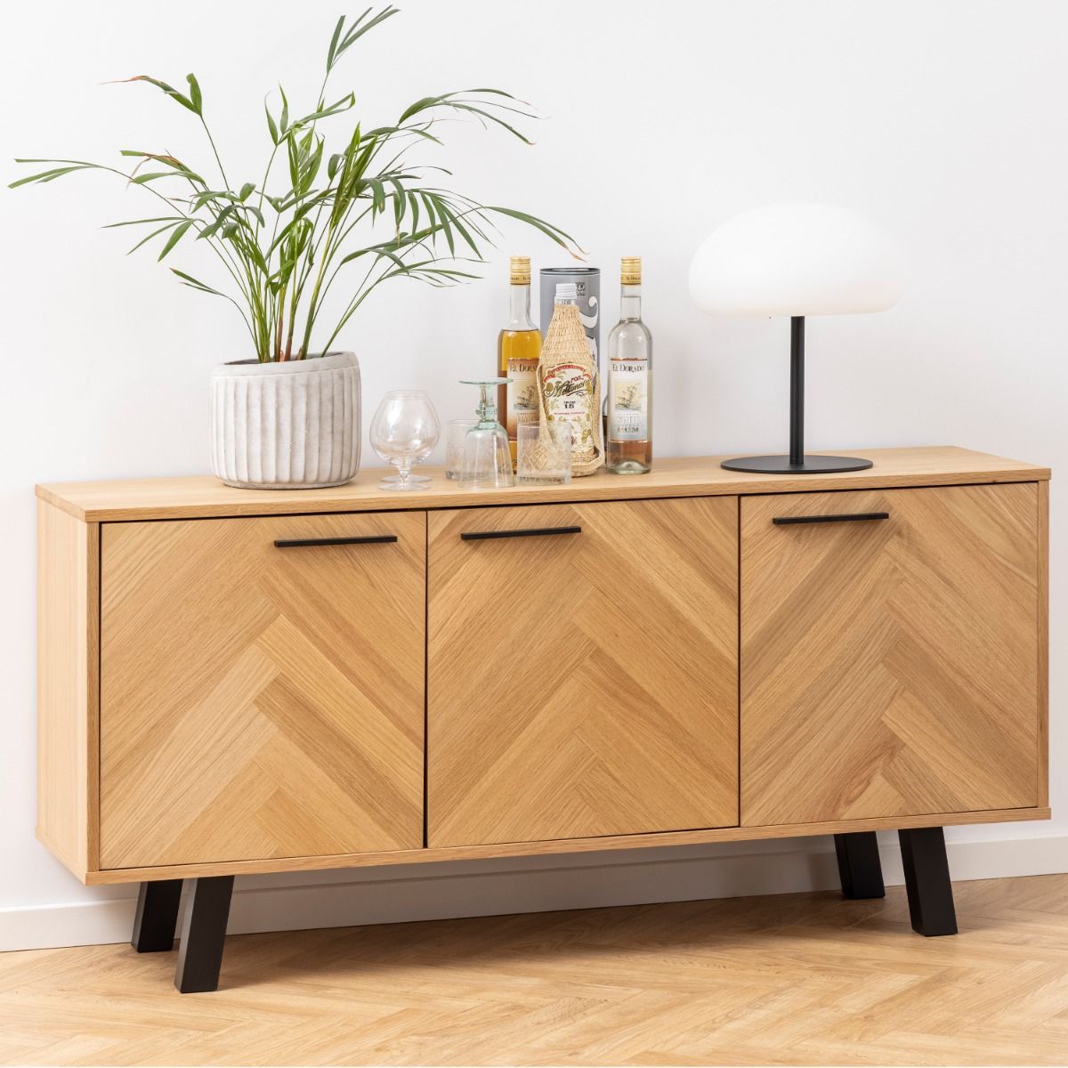 Brighton 3 Door Sideboard In Oak With Herringbone Effect - Price Crash Furniture