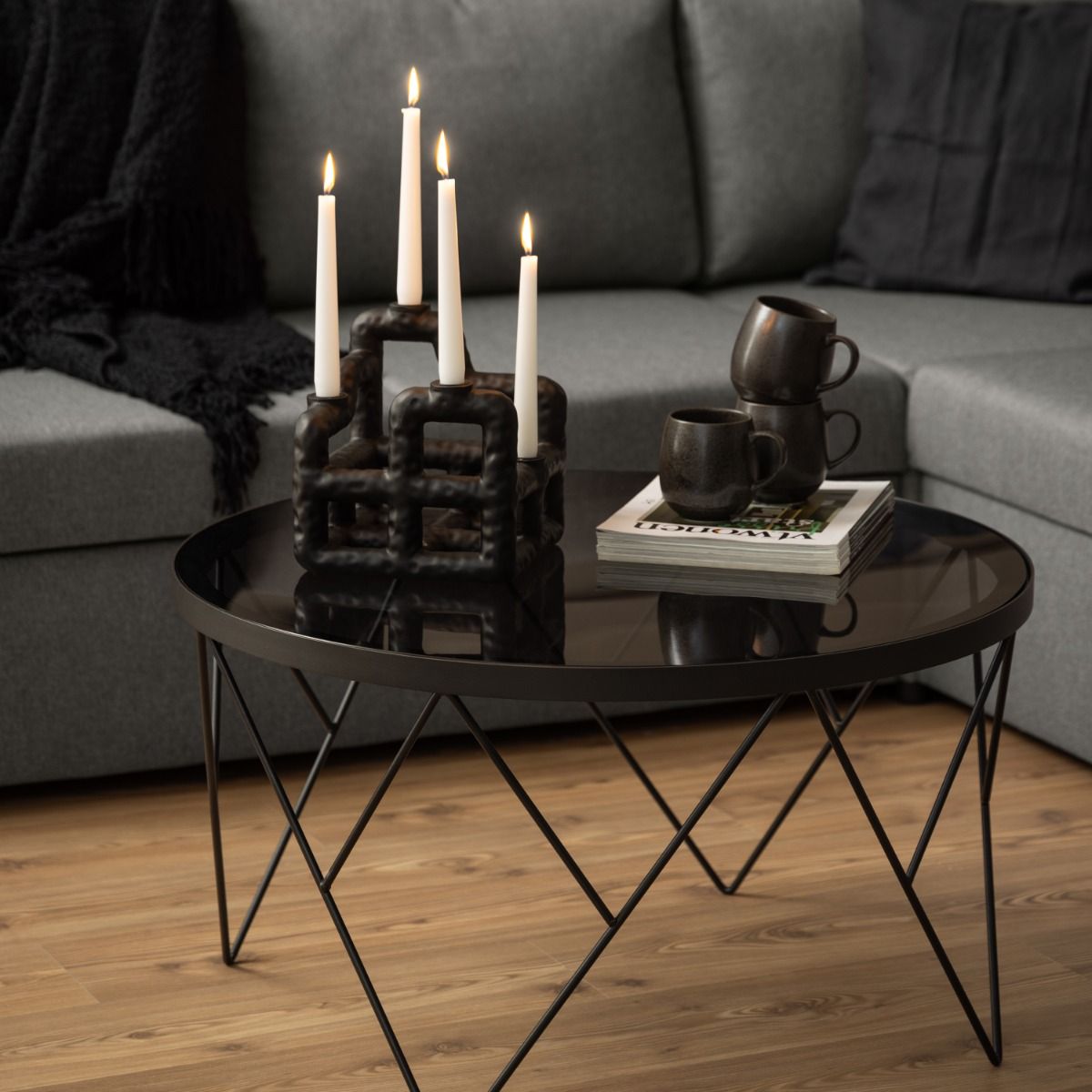 Halstow Round Coffee Table In Black - Smoked Glass Top - Price Crash Furniture