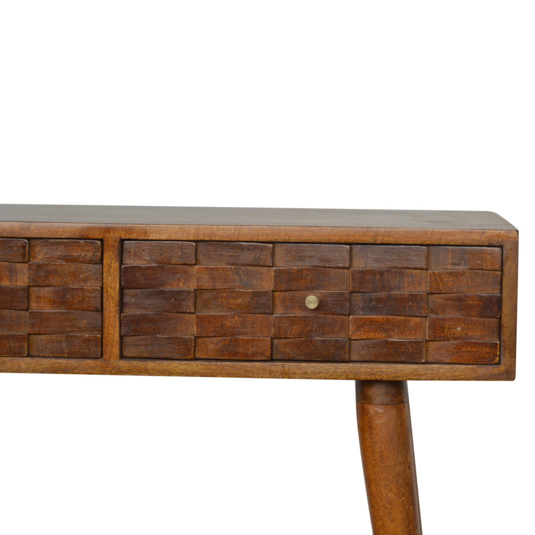 Tile Carved Console Table in Chestnut-effect Mango Wood