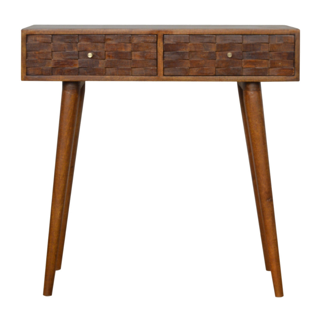 Tile Carved Console Table in Chestnut-effect Mango Wood