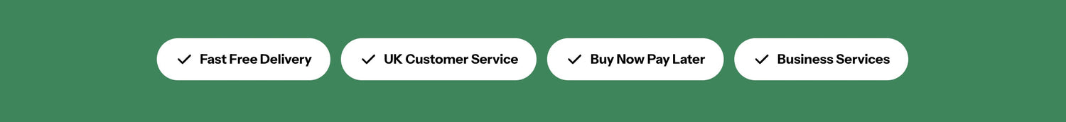 Green banner with white text and icons for fast free delivery, UK customer service, buy now pay later, and business services.