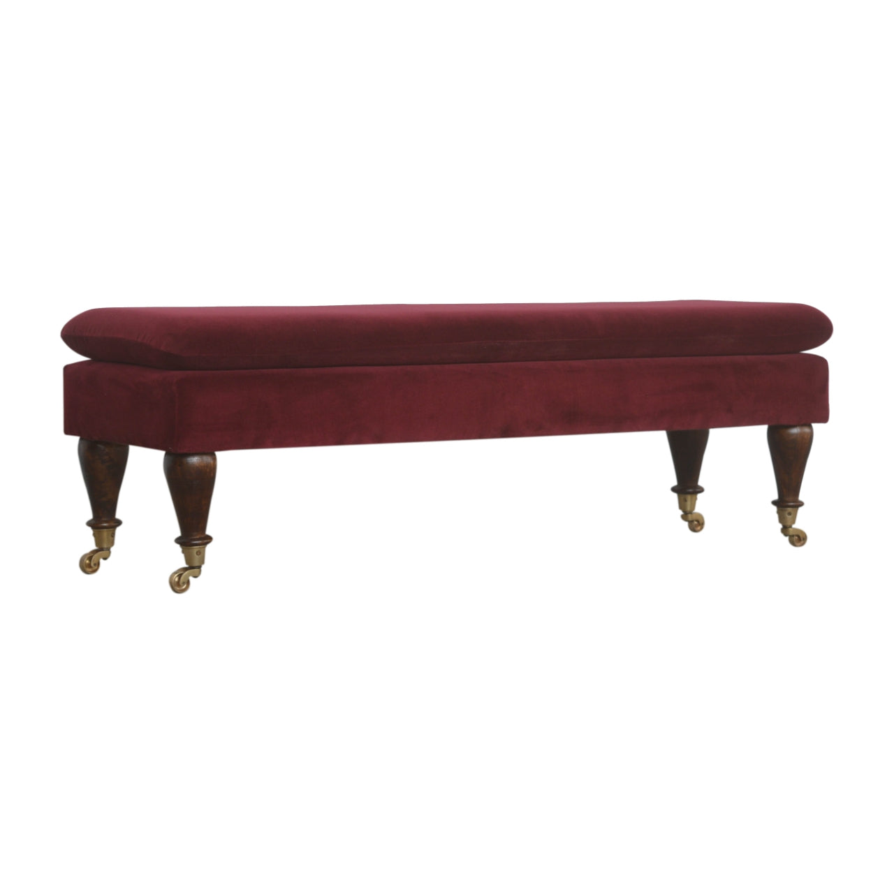 Wine Red Velvet Bench with Castor Feet