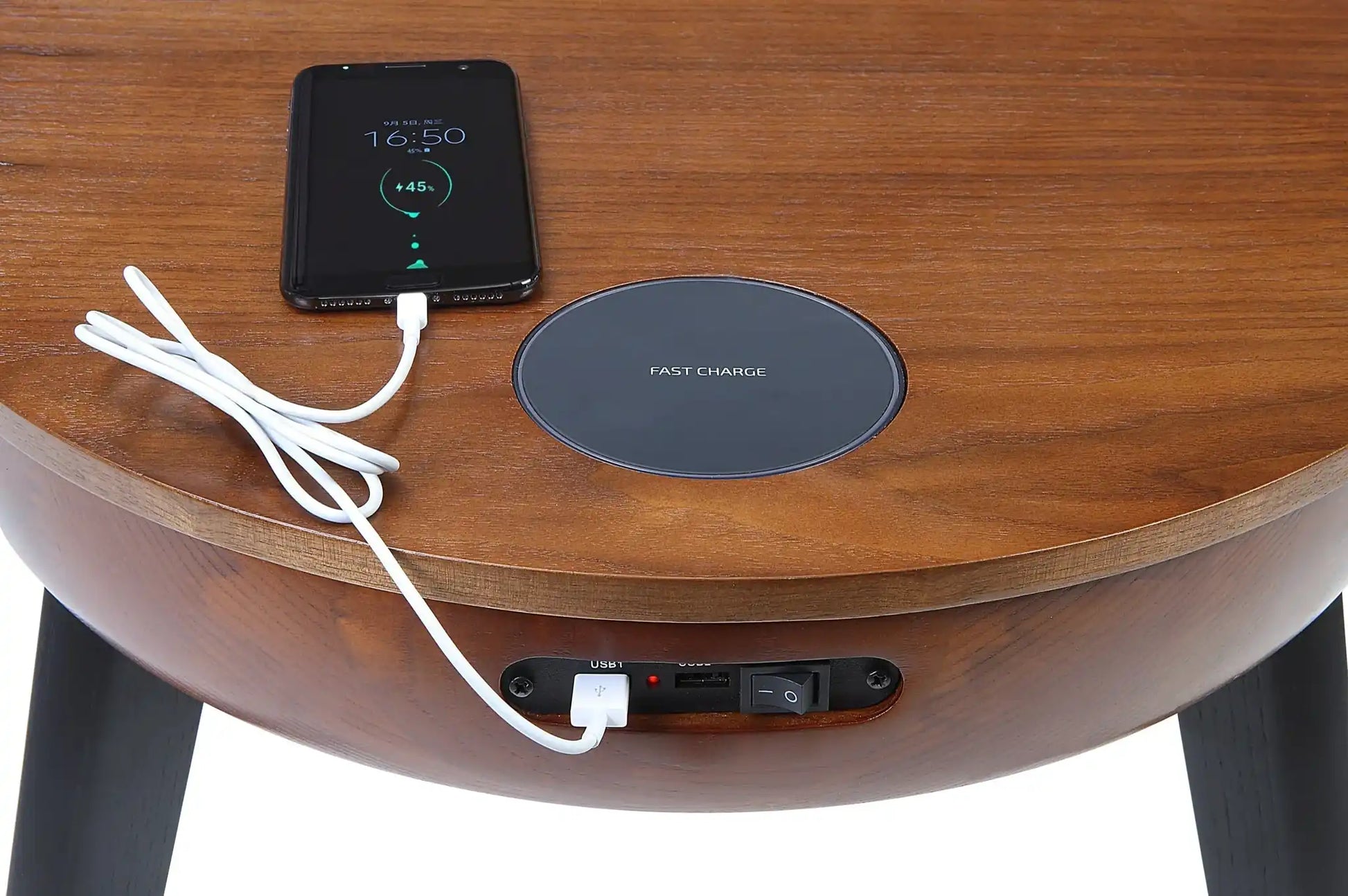 JF710 San Francisco Smart Lamp Table with Speaker and Charging in Walnut with Black Legs by Jual - Price Crash Furniture